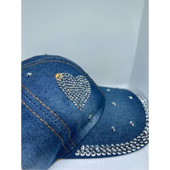 Rhinestone Heart Denim Baseball Cap – Sparkly Bling Jeweled Hat - Picture 3 of 4
